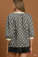 Umgee Floral Quilted Puff Sleeve Top in Grey