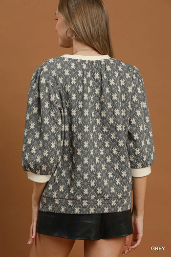 Umgee Floral Quilted Puff Sleeve Top in Grey
