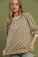Umgee Floral Quilted Puff Sleeve Top in Stone