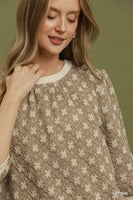 Umgee Floral Quilted Puff Sleeve Top in Stone