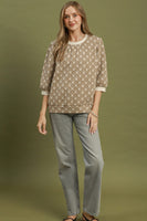 Umgee Floral Quilted Puff Sleeve Top in Stone