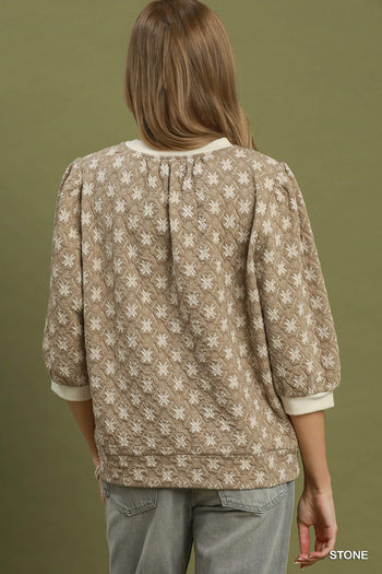 Umgee Floral Quilted Puff Sleeve Top in Stone