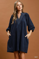 Umgee Corduroy V-Neck Puff Sleeve Shift Dress with Pockets in Navy