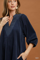 Umgee Corduroy V-Neck Puff Sleeve Shift Dress with Pockets in Navy