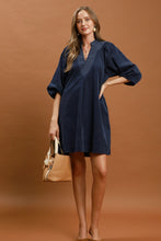 Load image into Gallery viewer, Umgee Corduroy V-Neck Puff Sleeve Shift Dress with Pockets in Navy
