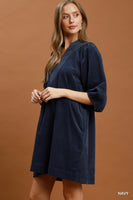 Umgee Corduroy V-Neck Puff Sleeve Shift Dress with Pockets in Navy