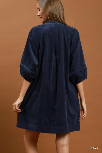 Umgee Corduroy V-Neck Puff Sleeve Shift Dress with Pockets in Navy