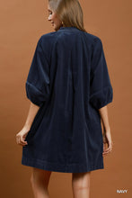 Load image into Gallery viewer, Umgee Corduroy V-Neck Puff Sleeve Shift Dress with Pockets in Navy
