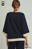 Umgee LUXEKNIT Colorblock Crewneck Raglan Sleeve Top in Midnight Blue
