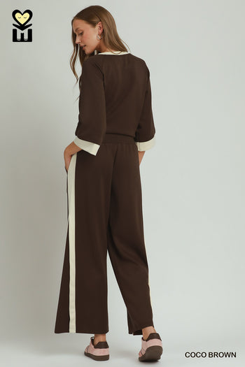 Umgee LUXEKNIT Colorblock Side Stripe Straight Pants in Coco Brown
