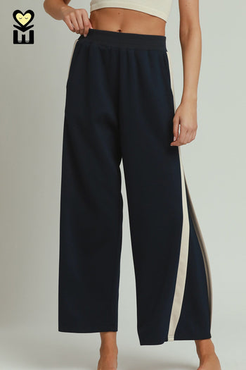 Umgee LUXEKNIT Colorblock Side Stripe Straight Pants in Midnight Blue