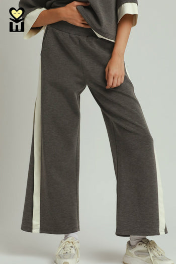 Umgee LUXEKNIT Colorblock Side Stripe Straight Pants in Charcoal