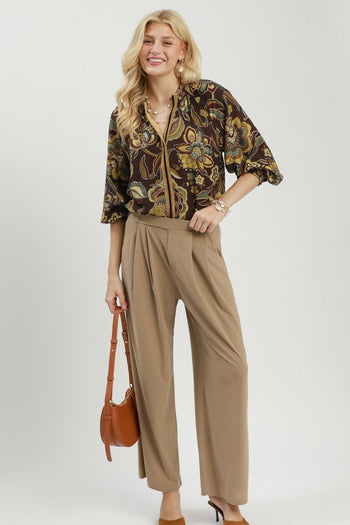 Umgee Floral Print Long Sleeve Blouse in Brown