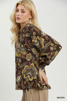 Umgee Floral Print Long Sleeve Blouse in Brown