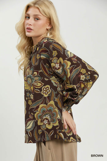 Umgee Floral Print Long Sleeve Blouse in Brown