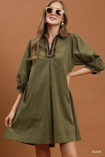 Umgee V-Neck Shift Dress with Contrast Trim in Olive