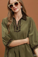 Umgee V-Neck Shift Dress with Contrast Trim in Olive