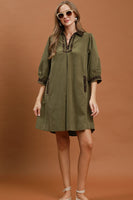 Umgee V-Neck Shift Dress with Contrast Trim in Olive