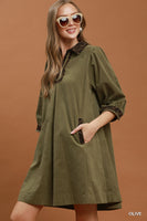 Umgee V-Neck Shift Dress with Contrast Trim in Olive