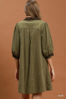 Umgee V-Neck Shift Dress with Contrast Trim in Olive