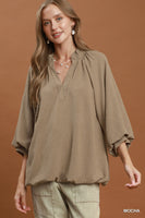 Umgee Balloon Sleeve Split Neck Blouse in Mocha