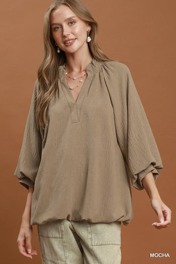 Umgee Balloon Sleeve Split Neck Blouse in Mocha