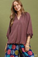 Umgee Balloon Sleeve Split Neck Blouse in Plum