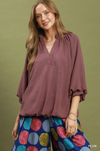 Umgee Balloon Sleeve Split Neck Blouse in Plum