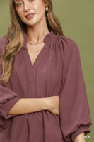 Umgee Balloon Sleeve Split Neck Blouse in Plum