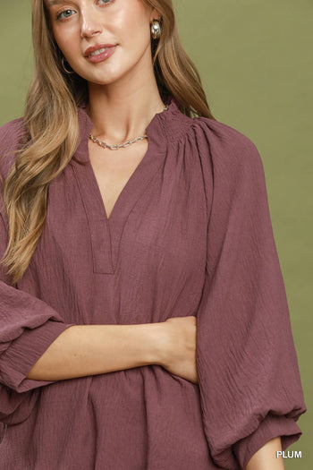 Umgee Balloon Sleeve Split Neck Blouse in Plum