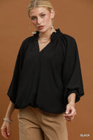 Umgee Balloon Sleeve Split Neck Blouse in Black