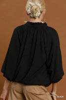 Umgee Balloon Sleeve Split Neck Blouse in Black