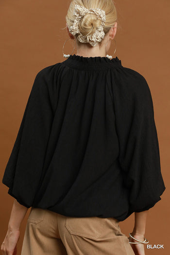 Umgee Balloon Sleeve Split Neck Blouse in Black