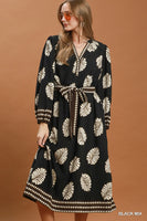 Umgee Mix Leaf Print Belted Midi Dress in Black Mix