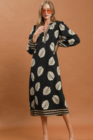 Umgee Mix Leaf Print Belted Midi Dress in Black Mix