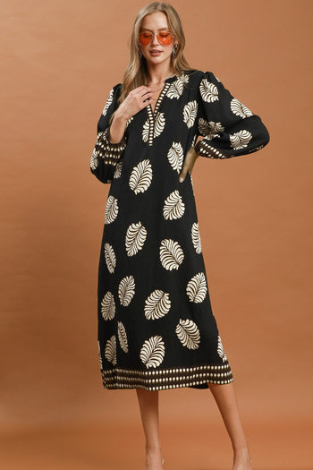 Umgee Mix Leaf Print Belted Midi Dress in Black Mix