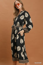 Load image into Gallery viewer, Umgee Mix Leaf Print Belted Midi Dress in Black Mix
