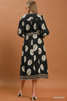 Umgee Mix Leaf Print Belted Midi Dress in Black Mix