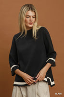 Umgee Contrast Trim Mock Neck 3/4 Sleeve Knit Top in Black