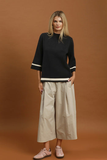 Umgee Contrast Trim Mock Neck 3/4 Sleeve Knit Top in Black
