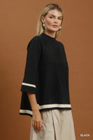 Umgee Contrast Trim Mock Neck 3/4 Sleeve Knit Top in Black