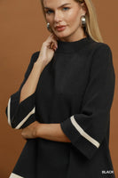 Umgee Contrast Trim Mock Neck 3/4 Sleeve Knit Top in Black