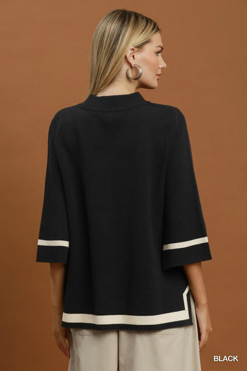 Umgee Contrast Trim Mock Neck 3/4 Sleeve Knit Top in Black