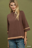 Umgee Contrast Trim Mock Neck 3/4 Sleeve Knit Top in Brown