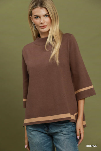 Umgee Contrast Trim Mock Neck 3/4 Sleeve Knit Top in Brown