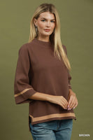 Umgee Contrast Trim Mock Neck 3/4 Sleeve Knit Top in Brown