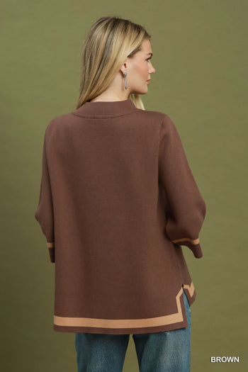 Umgee Contrast Trim Mock Neck 3/4 Sleeve Knit Top in Brown