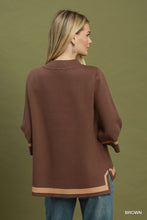 Load image into Gallery viewer, Umgee Contrast Trim Mock Neck 3/4 Sleeve Knit Top in Brown
