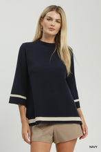 Load image into Gallery viewer, Umgee Contrast Trim Mock Neck 3/4 Sleeve Knit Top in Navy
