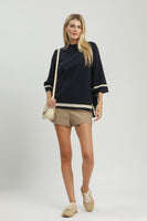 Umgee Contrast Trim Mock Neck 3/4 Sleeve Knit Top in Navy
